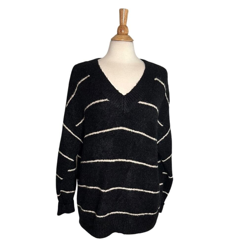 Lush Shadow Sweater Black Pin Striped Beige V Neck Oversized Slouchy Soft BT18